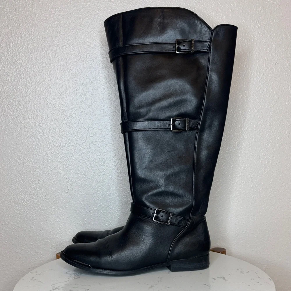 Gianni Bini Black Leather Riding Just Below Knee Boots‎ size 9.5 WIDE CALF